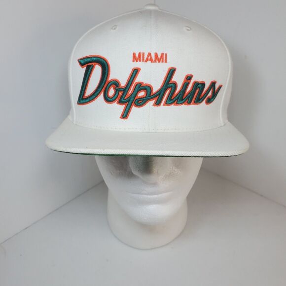 Rare Vtg Mitchell Ness White Miami Dolphin Embroider Spellout Logo Flat Bill 90s - Picture 1 of 13